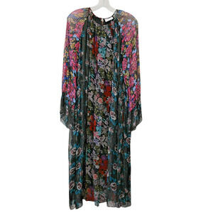 Megan Park Midi Dress Size 1 US Small Floral Print Gold Stripe Rain Drawstring